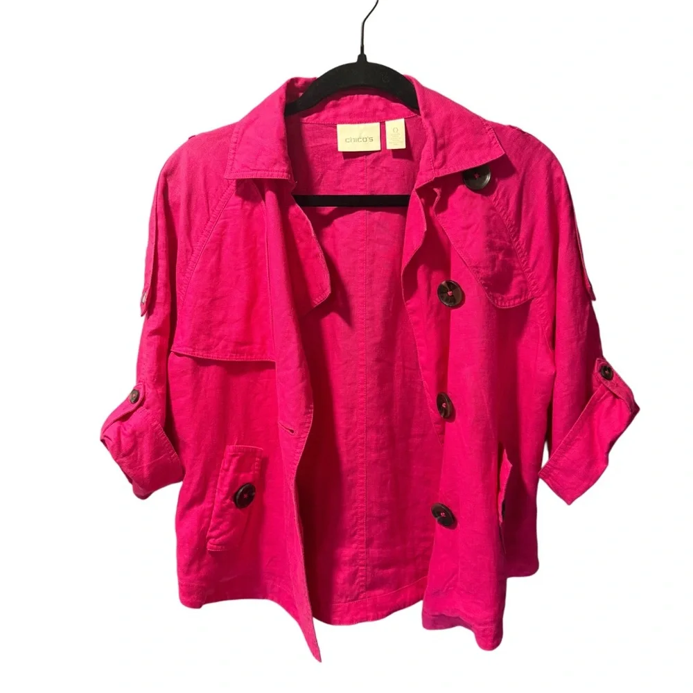 Chicos Button Up Cape Jacket Linen Barbiecore Layering Fuchsia Womens S (0) - Picture 9 of 10